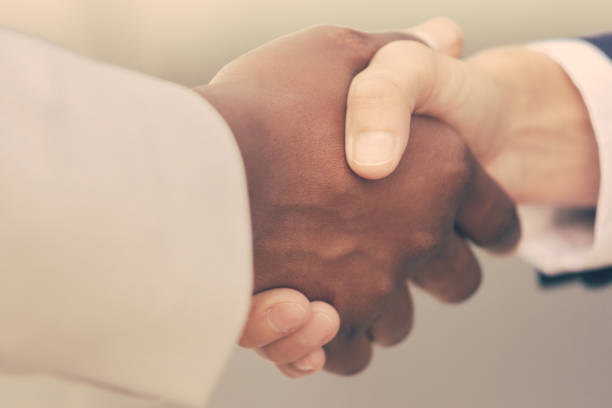 istock Closeup of diverse business colleagues handshake 1214893541