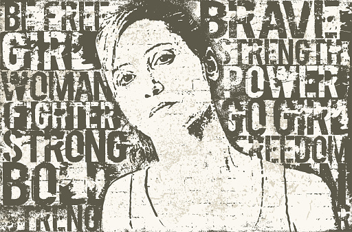 Vector image of a stencil art style, featuring a woman in the frontal view over encouraging words related to the empowerment of women.