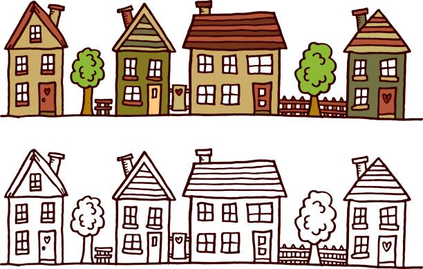 ilustraciones, imágenes clip art, dibujos animados e iconos de stock de calle con edificios - row house illustrations