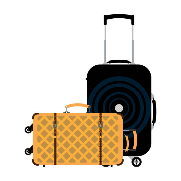 ilustraciones, imágenes clip art, dibujos animados e iconos de stock de dos maletas para viajar sobre ruedas. ilustración vectorial aislada plana. - briefcase luggage brown black