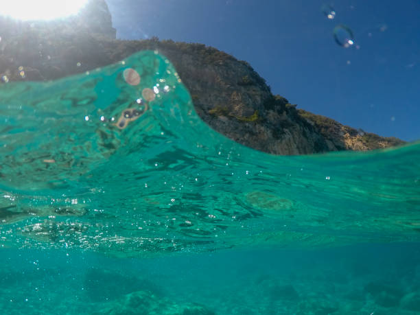 istock View over and under water surface, rocks and blue sky, mediterranean sea, split by waterline 1214896276