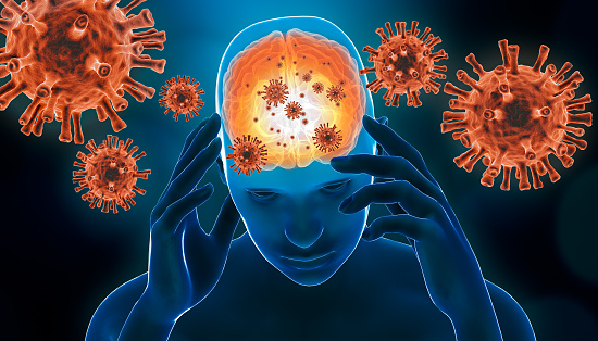Ilustración de representación 3D de infección viral cerebral. Inflamación cerebral con células virusrojas genéricas. Enfermedades neurológicas como la encefalitis, la meningitis, el Alzheimer, el Parkinson, la narcolepsia o los conceptos de escleros photo