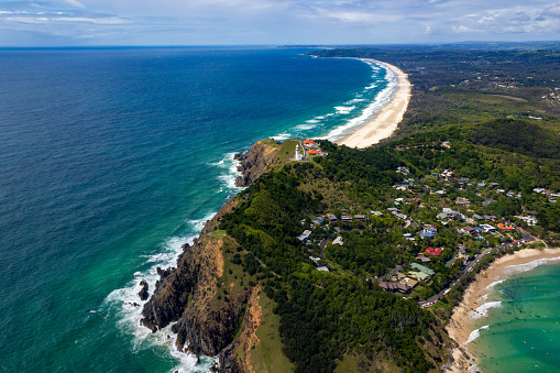 Wategoes Beach aerial view at Byron Bay with lighthouse