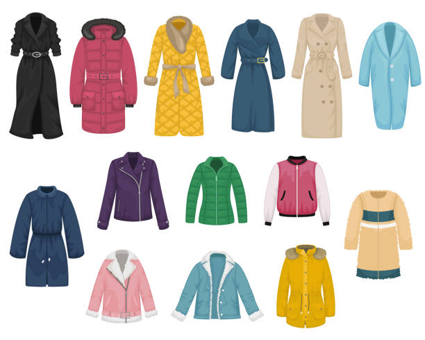istock Set of flat vector women's outerwear. Trench coat, raincoat, overcoat, quilted coat, bomber, fur coat, sheepskin coat, leather jacket. 1214901243