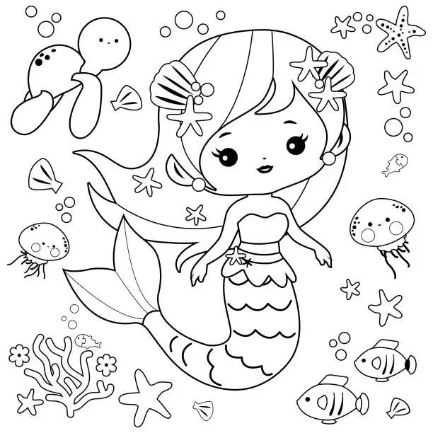 Vector illustration of Beautiful mermaid and sea animals. Vector black and white coloring page