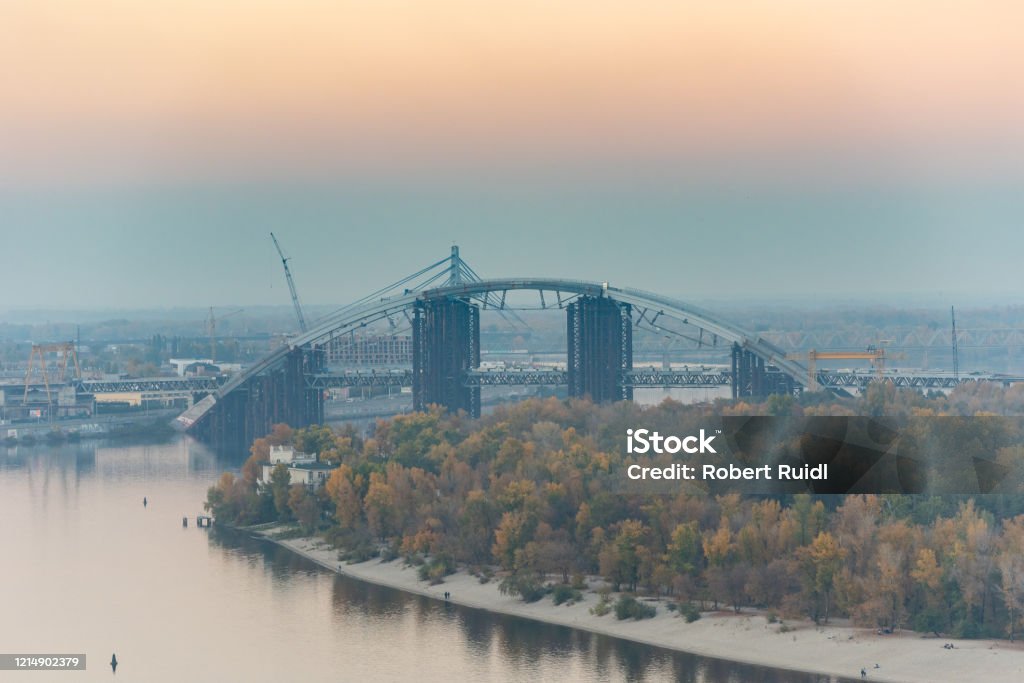 Scenic view over Kiev and the Dnieper River on overcast day Adventure Stock Photo