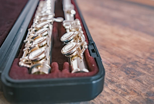 istock Silver alto flute in its case on a hardwood surface 1214902737