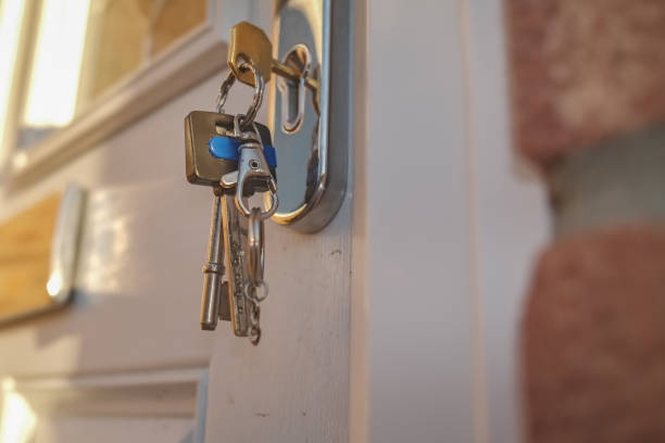 Side view of door keys in the lock