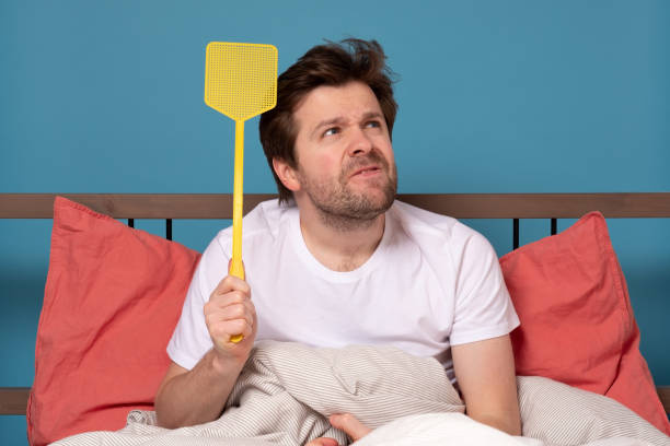 man holding a fly swatter wanting to kill annoying mosquito - mosca imagens e fotografias de stock