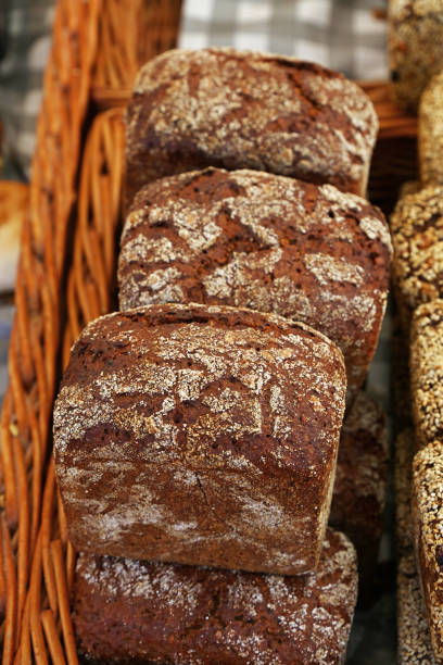 istock Close up fresh bread loaves on retail display 1214904279