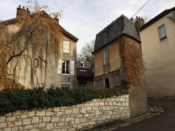 houses in the vicinity of the besançon cathedral, a roman catholic church dedicated to saint john located in the town of besançon, france - european culture ancient architecture still life imagens e fotografias de stock