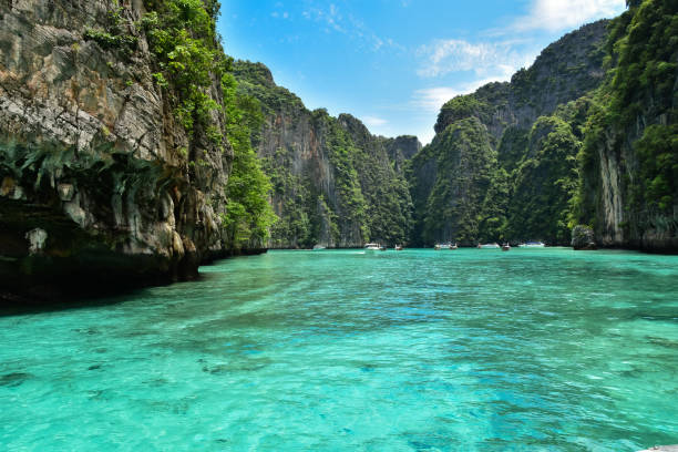 istock Breathtaking landscape in Koh Phi Phi with clear water and high limestone cliffs in great weather 1214904573