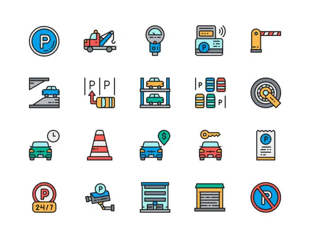 Vector illustration of Set of Car Parking Flat Color Icons. Truck, Parking Meter, Traffic Cone and more
