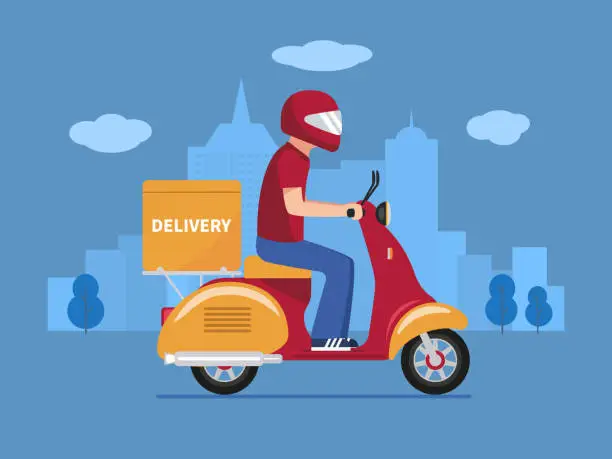 Vector illustration of Vector food delivery man on a scooter