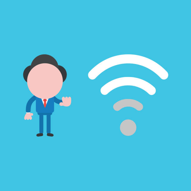 istock Vector illustration of businessman character with low, poor wifi wireless signal. 1214906584