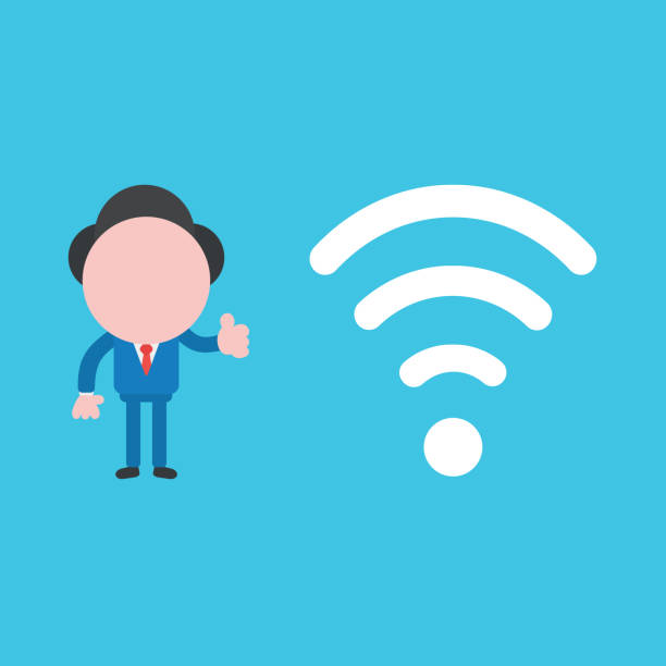 istock Vector illustration of businessman character giving thumbs up with wifi wireless symbol. 1214906586