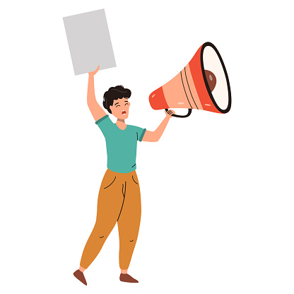 Man shouting in loudspeaker and holding placard. Vector flat illustration isolated on white background.