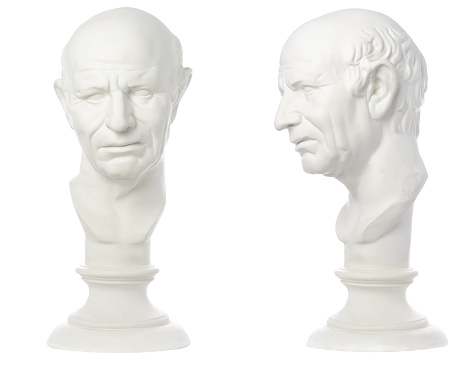 Old man sculpture full face profile white background