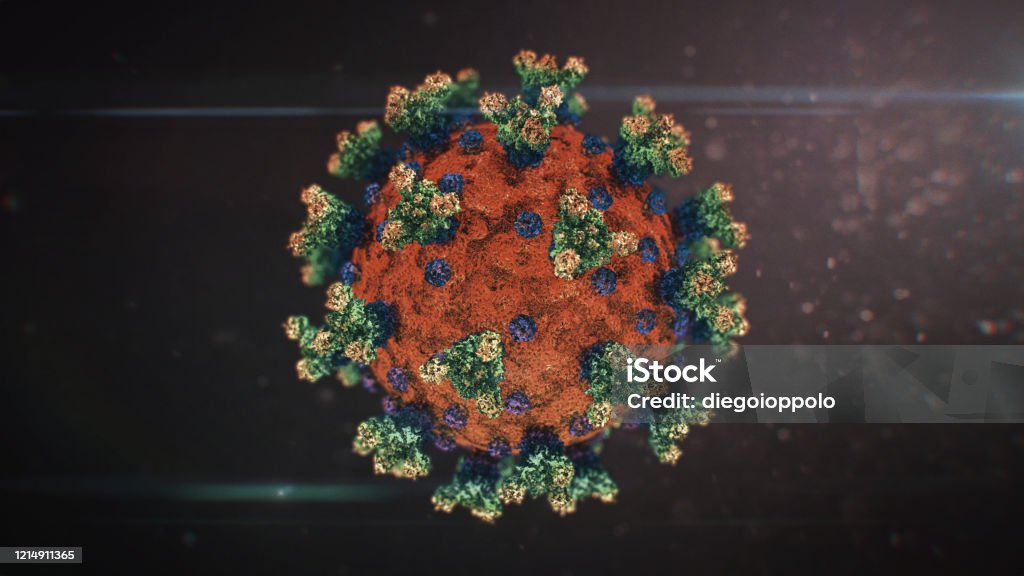 Isolated Realistic Coronavirus Covid-19 Molecule in a Biological Environment Imitation Stock Photo