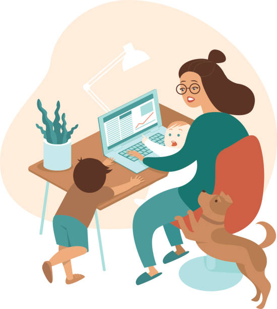 Busy mother working from home with kids and dog Busy mother working from home with kids and dog. Stay-at-Home Mom. Flat vector illustration homeschooling stress stock illustrations