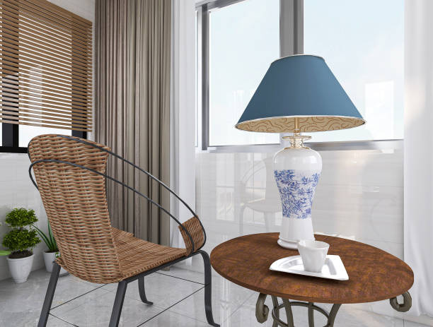istock 3D rendering, spacious and bright urban residential closed balcony design, green plants with wooden tables and chairs are leisure and comfortable. 1214912182