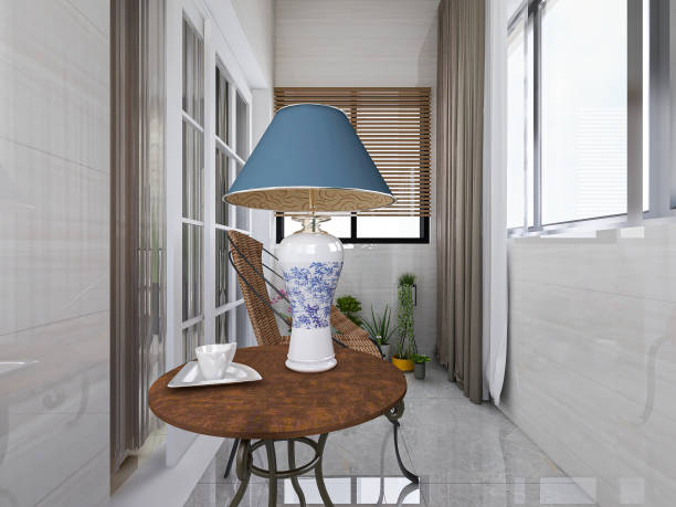 istock 3D rendering, spacious and bright urban residential closed balcony design, green plants with wooden tables and chairs are leisure and comfortable. 1214912187