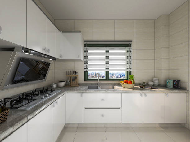 istock 3D rendering,Modern family kitchen design, new cabinets and kitchenware with refrigerators, sunlight from the window. 1214912216