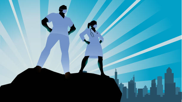 Vector Superhero Doctor Healthcare workers Silhouette Stock Illustration A silhouette style vector illustration of a team of doctors or healthcare workers standing on top of a cliff wearing medical face mask with city skyline in the background. Wide space available for your copy. heroes illustrations stock illustrations