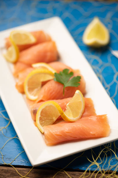 istock Close up of smoked salmon on a plate 1214914032