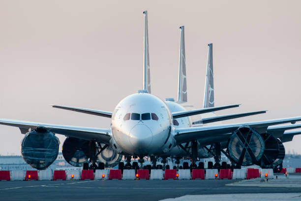 Airlines Coronavirus, grounded airplanes LOT Polish Warsaw, Poland -17/03/2020: Airlines Coronavirus, LOT Polish Airlines Boeing 787's grounded at Warsaw chopin Airport due to the global pandemic taxiway stock pictures, royalty-free photos & images