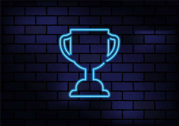 ilustraciones, imágenes clip art, dibujos animados e iconos de stock de trofeo premio signo azul neón claro en la pared de ladrillo oscuro - metallic wall brick glowing