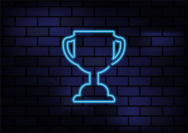 trophy award sign blue neon light na ciemnej ceglanej ścianie - metallic wall brick glowing stock illustrations