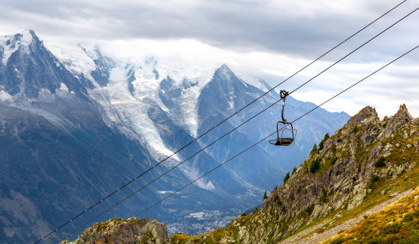 La Flegere sky tram cable car aerial lift empty off season, Mont Blanc massif mountain range view, Chamonix valley travel France European Alps tourism.