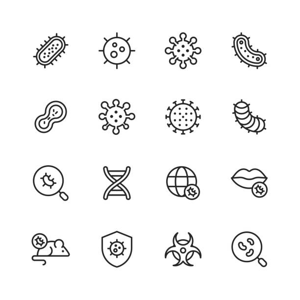 Virus and Bacteria Line Icons. Editable Stroke. Pixel Perfect. For Mobile and Web. Contains such icons as Bacterium, Infection, Disease, Virus, Cell, Flu, Research, Pandemia, Mouth. 16 Virus and Bacteria Outline Icons. biological cell stock illustrations