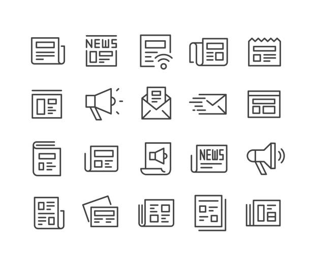 news icons set - classic line series - paper stock-grafiken, -clipart, -cartoons und -symbole