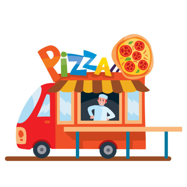 Camion di cibo mobile. Auto con cibo italiano. Illustrazione vettoriale. Stile cartone animato. - illustrazione arte vettoriale