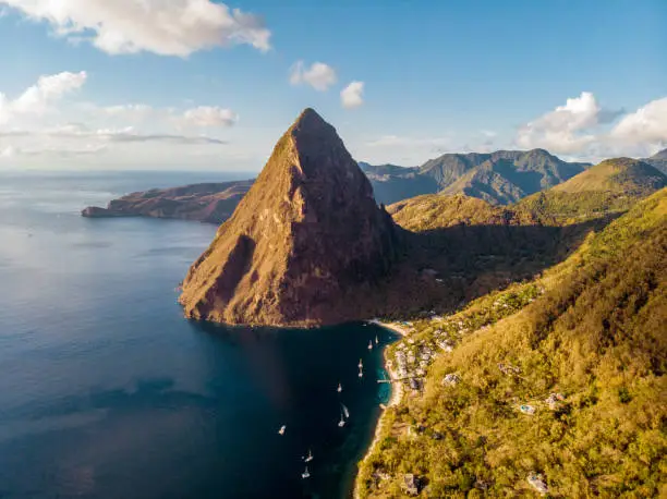 Photo of Saint Lucia Caribbean Island, huge Piton mountains at the beach of tropical Island of Saint Lucia