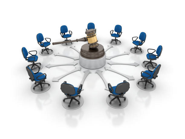 istock Chairs Teamwork with Legal Gavel - 3D Rendering 1214919011