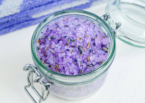 istock Purple bath salt (foot soak) wirh dry lavender. 1214919147