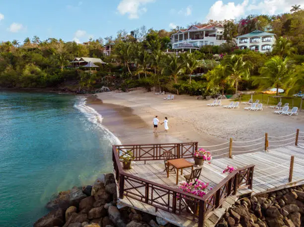 Photo of Saint Lucia caribbean, couple on vacation at the tropical Island of St Lucia , men and woman on advenure trip