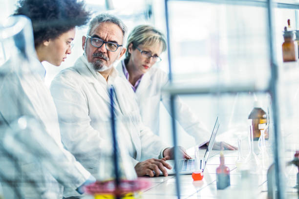 istock Group of scientists talking while analyzing medical data on laptop in the laboratory. 1214919704