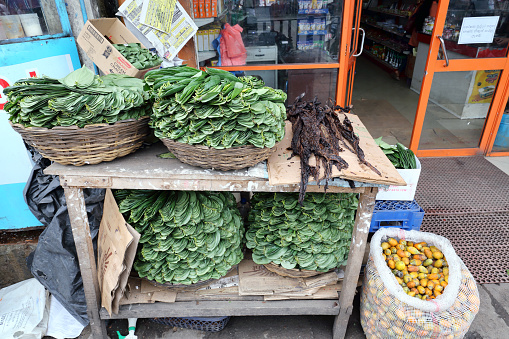Badulla, Sri Lanka - February 13, 2020: Green betel leaves at the street market in Badulla