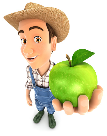 3d farmer holding green apple, illustration with isolated white background