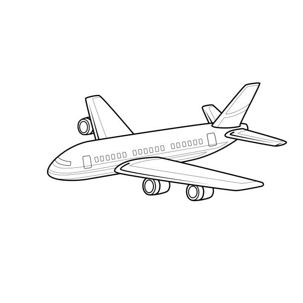 ilustraciones, imágenes clip art, dibujos animados e iconos de stock de ilustración vectorial de avión comercial en blanco y negro aislado sobre fondo blanco para niños para colorear página. - flying vacations doodle symbol