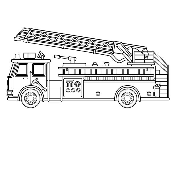 векторная иллюстрация пожарной машины изолированы на белом фоне для детей раскраски деятельности листа / книги. - engine car truck hose stock illustrations