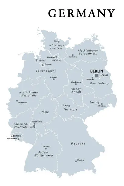 Vector illustration of Germany, gray political map, states of the Federal Republic of Germany