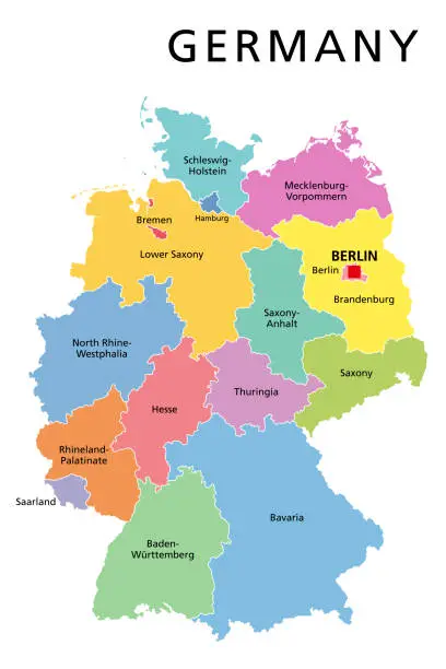 Vector illustration of Germany, political map, multicolored states of Federal Republic of Germany