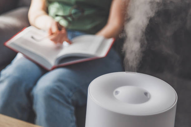 vapor from humidifier in the morning light in a living room - ionization imagens e fotografias de stock