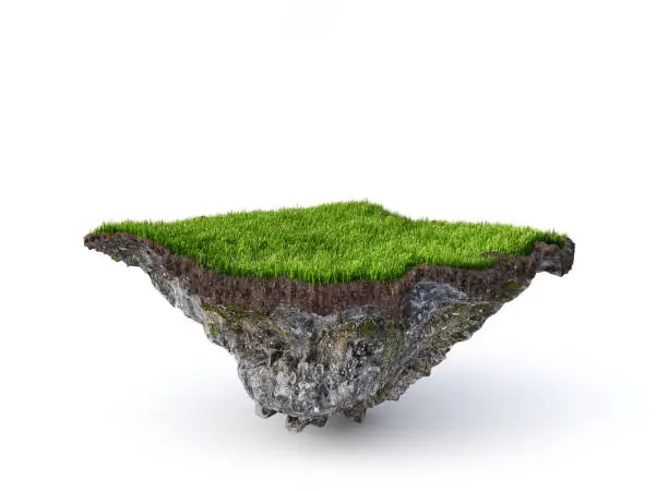 Photo of Empty flying island. Piece of ground isolated on a white background. 3d illustration