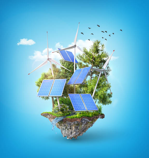 energia ecologica. pannelli solari con stazioni eolici sull'isola. illustrazione 3d - energia rinnovabile illustrazioni foto e immagini stock